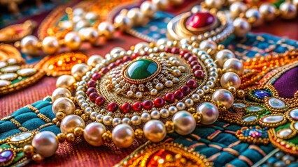 Luxurious Indian Pearl & Precious Stone Jewelry on Embroidered Cloth
