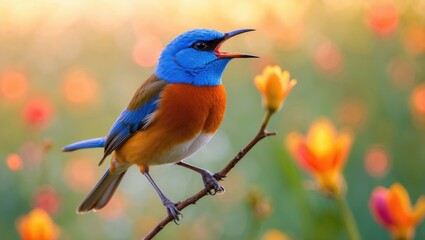 Obraz premium A male blue-throat bird singing to lure a female during the breeding season.