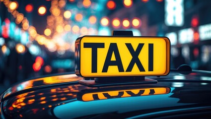 A yellow taxi sign brightly lit by daylight, attached to the rear of a vehicle, prepared to offer transportation services.