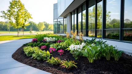 Fototapeten Lush landscaping with colorful flowers and greenery around modern building © Pixel Alchemist