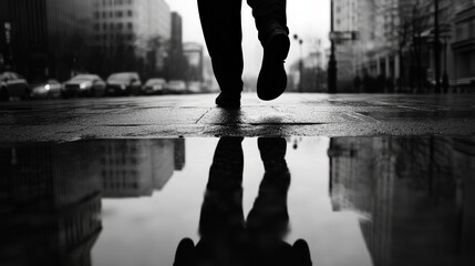 Urban runner crossing streets cityscape black and white photography rainy environment low angle view motion concept © Kitsada