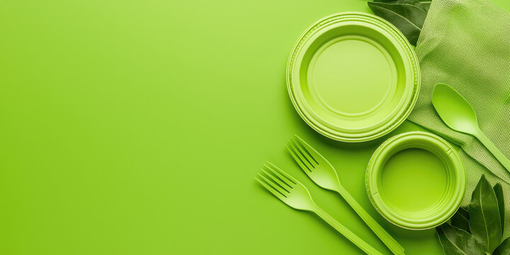 Environmentally friendly plant-based plastic. Empty disposable tableware made of bioplastic. Development of plastic alternatives based on plant materials in the food industry