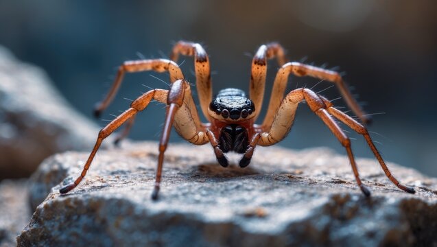 A beautiful long-palped ant-mimic sac spider moving across a rock surface.