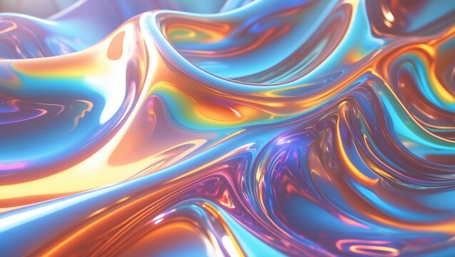 A complex interaction of rainbow colors forms a liquid-like abstraction on a glass surface featuring warped and stretched light.