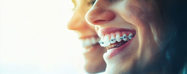 Two smiling people showing their dental braces treatment in close up