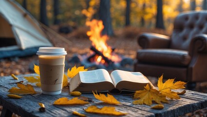 A cozy autumn scene featuring a glass of tea, a fire, and an open Bible.