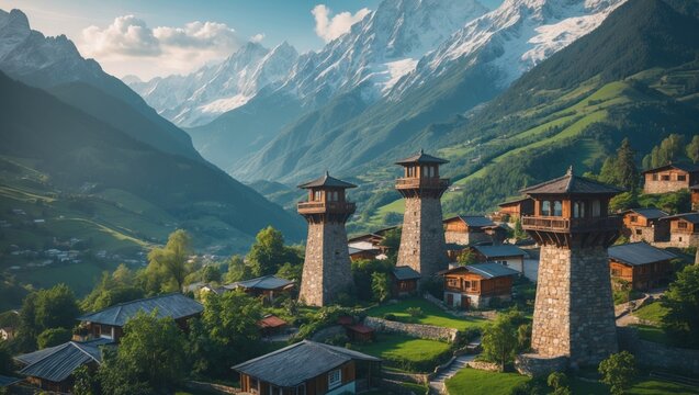 Stunning panorama of the Mountains. The snow-capped peaks rise above the vibrant green valleys, presenting an impressive contrast between rugged nature and tranquil landscapes.