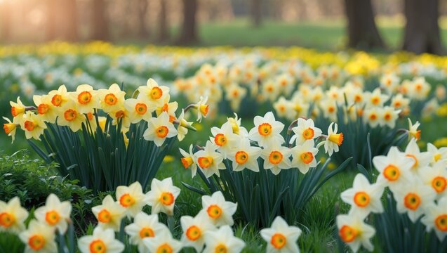 A springtime field filled with different daffodils in bloom.