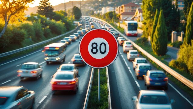 80km/h Speed limit sign on a highway crowded with cars