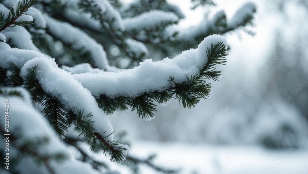 Poster a tree branch blanketed in snow, displaying bare limbs without leaves. the atmosphere is tranquil an