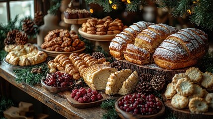 Fototapeta premium Rustic Christmas bakery table with assorted breads, cookies, and berries.