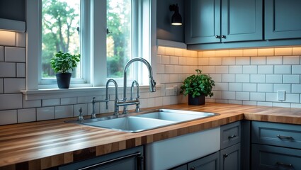 A detail of a kitchen sink featuring a butcher block wood countertop, white subway tile backsplash, grey cabinets, and a black light positioned above the sink.
