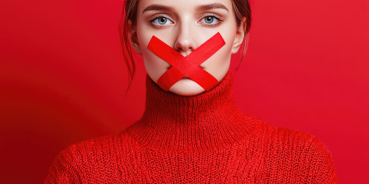 Sad woman with red tape over her mouth. The concept of censorship and freedom of speech in the press.