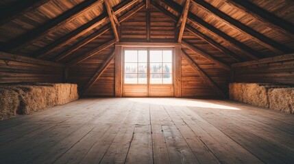 Rustic Wooden Attic with Hay Bales and Sunlight Through Window