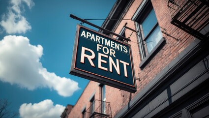 Obraz premium Apartments for Rent sign displayed on a vintage residential building.