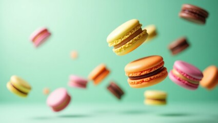 Obraz premium Multicolored macaroons hover above a green background, selective focus.