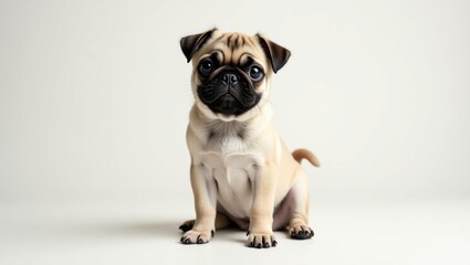 Obraz premium Funny pug puppy posing in the studio with a white background. Pug sitting in the studio. Beautiful purebred puppy. Amusing puppy with a black muzzle sitting. Photo shoot of a pug in the studio.