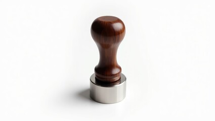 Barista Kit. Coffee Tamper featuring a Wooden Handle. Isolated against a white background. A tool used for compressing ground coffee, a tamper designed for a coffee machine.