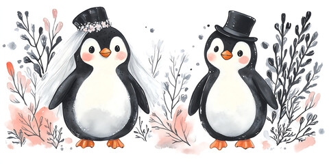 Adorable Watercolor Penguin Wedding Couple Illustration – Bride and Groom with Floral Background