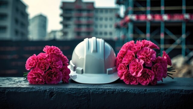 White hard hat, red carnations, helmet placed against buildings, protection inspection at construction site, symbol of builder's mortality, day of mourning, civil engineering theme.