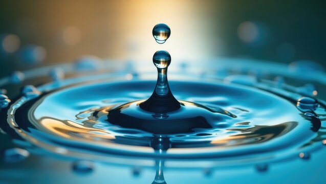 A captivating macro photograph captures the exact moment a water droplet hits the surface, generating ripples that extend with perfect symmetry. This image conveys tranquility!
