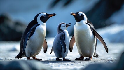 Fototapeta premium A young penguin imitates its parent vocalizing a display call.