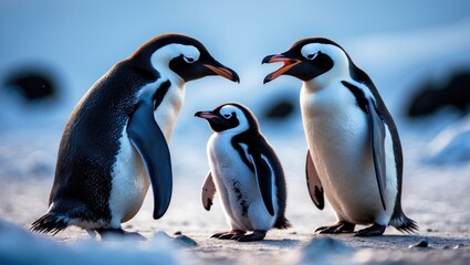Obraz premium A young penguin imitates its parent vocalizing a display call.