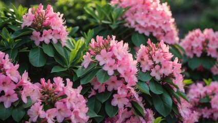 Fototapeta premium Blooming close-up of pink azalea flowers in a nature spring background. Floral backdrop with lush fresh azalea blooms. Beautiful flowers. Springtime in a botanical garden. A bush in bloom. Space fo...