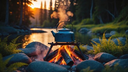 A blue kettle suspended above a campfire, encircled by rocks and forest, as the sun sets over a tranquil campsite in the wilderness.