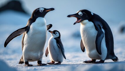 Fototapeta premium A juvenile penguin imitates its parent vocalizing a display call.