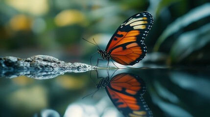 Fototapeta premium Butterfly reflection serene nature scene wildlife photography tranquil environment close-up view beauty of nature