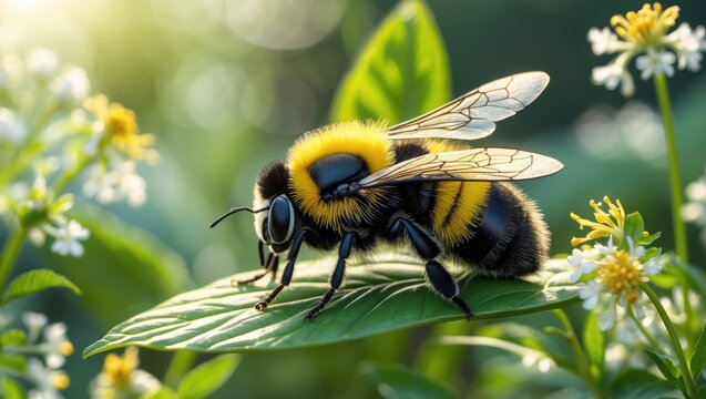 A Robber Fly that mimics a Bumble Bee is perched on a leaf. Also referred to as a Bee-like Robber Fly.