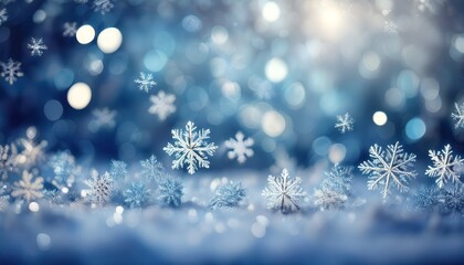 Cool-toned winter bokeh background with blurred snowflakes. Winter bokeh lights wallpaper