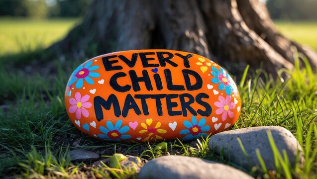 A painted rock on the ground beside a tree that says Every Child Matters.