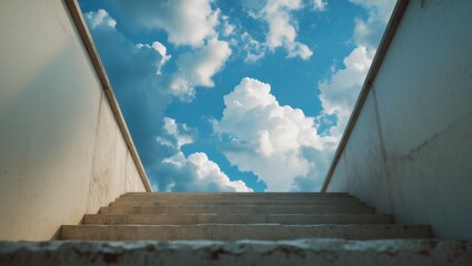 A weathered old concrete staircase ascending into a blue cloudy sky.