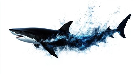 Obraz premium Great White Shark Breaking Water Surface Splashing Abstract Blue Black