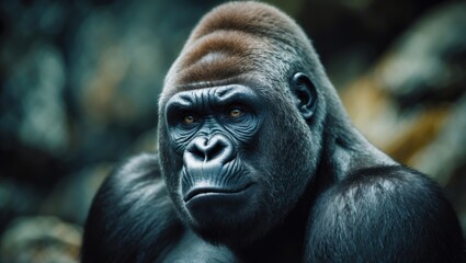 Obraz premium A gorilla reflecting on thoughts at the Zoo.