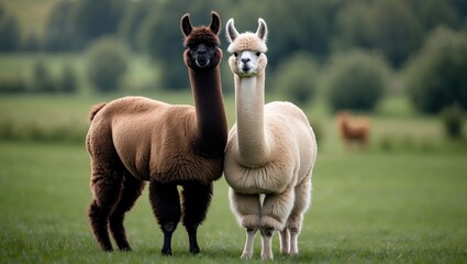 Fototapeta premium A pair of alpacas standing in a grassy field.