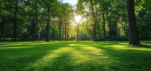 Obraz premium Serene Sunlight Filtering Through Lush Green Trees in a Peaceful Park Setting with Vibrant Grass and Soft Shadows on a Calm Morning