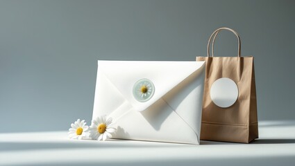 Mockup of a circular sticker on a gift package, an envelope featuring a blank sticker, an adhesive label, and a white flower.