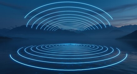 Obraz premium Neon Circles Reflecting on Serene Lake with Majestic Mountains