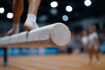 Obraz premium An athlete showcases their incredible precision and strength while performing on the balance beam, illustrating the art and effort behind gymnastics competition.