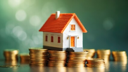 Mini house placed on a pile of coins, Save money with stack coin, Business growth investment and finance, Mortgage concept.