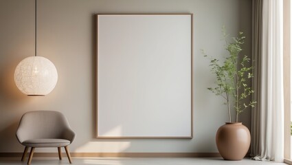 Blank white empty picture frame mockup on wall. Space for text. Artwork display. Modern interior view with chair. Home staging and minimalist design concept.