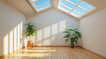 Fototapeta premium Mid-Century Modern living room with an empty wall mockup featuring a wooden floor and green plants illuminated by bright sunlight streaming in, 3D render.