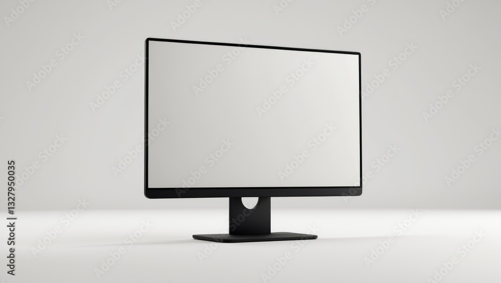Poster computer with empty white screen set against a white backdrop