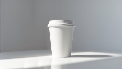Coffee to go, detailed view of empty paper cup set against a white background.