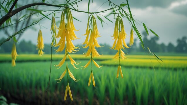 Multiply or Ratchaphruek flowers (Dok Koon) typically bloom during the summer with rainfall, set against a field background.