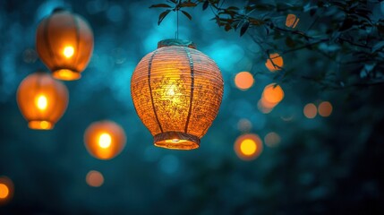 Obraz premium Illuminated paper lanterns hanging from tree branches at night.