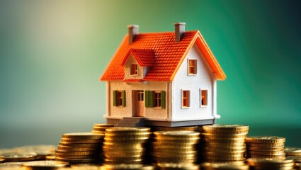 Mini house placed on a stack of coins, Save money with coin stack, Business investment growth and finance, Mortgage idea.